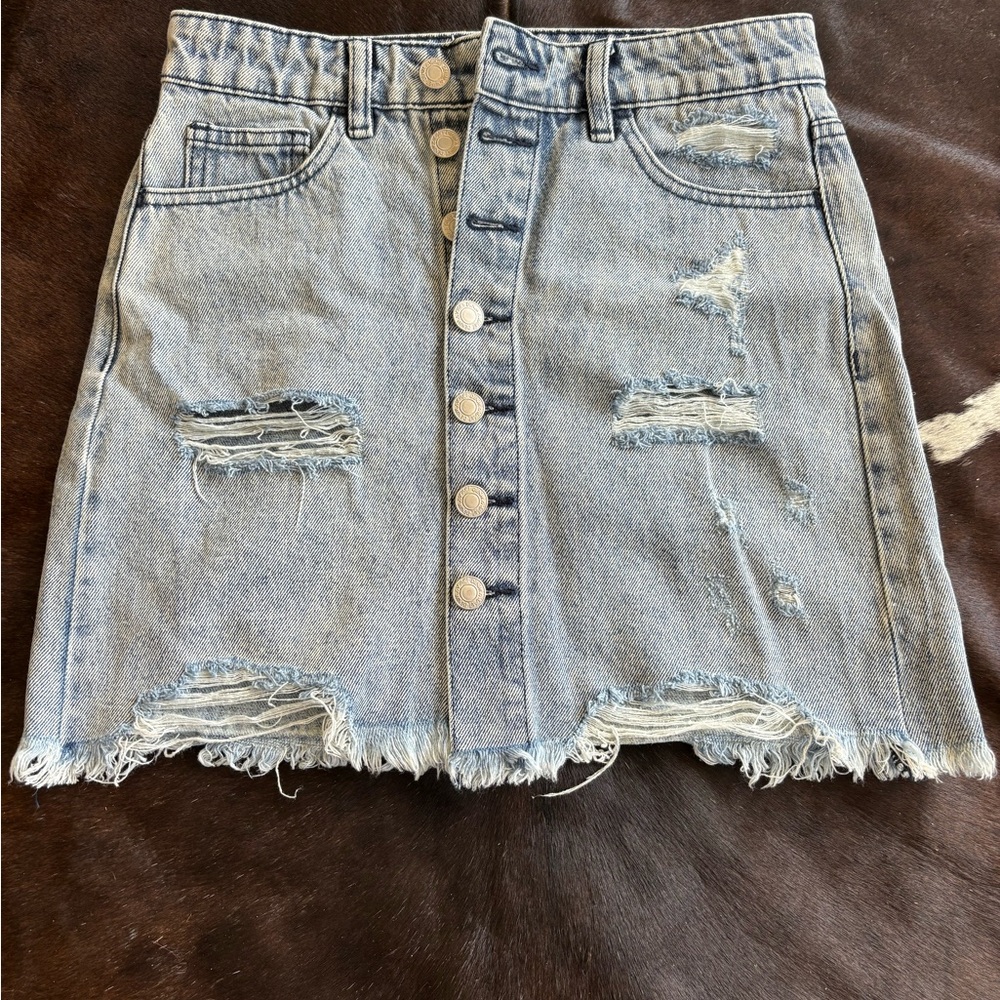 Distressed Denim Button-Front Skirt